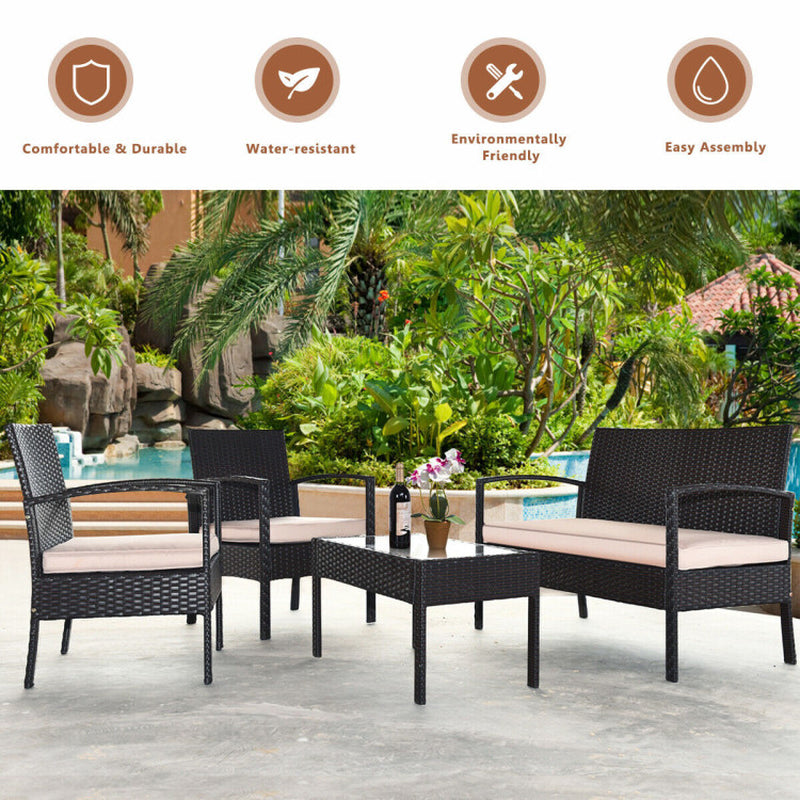 Transform Your Outdoor Space with Our 4-Piece Patio Rattan Conversation Set – Loveseat, Single Sofas, and Glass-Top Coffee Table