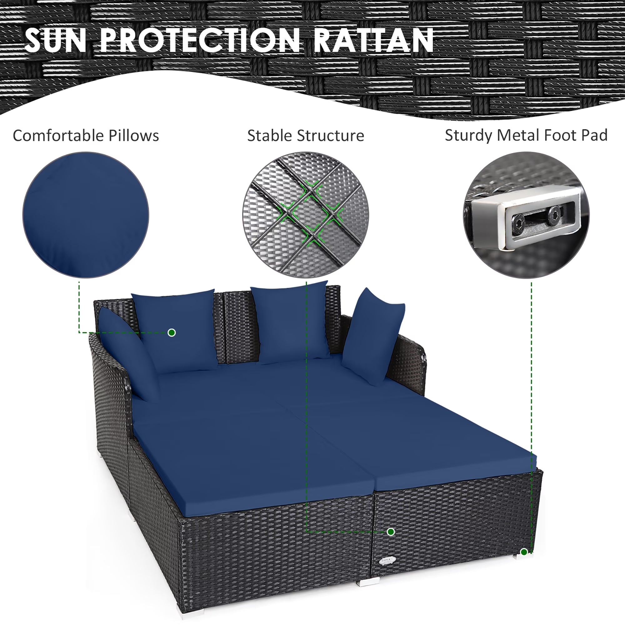 Luxurious Navy Rattan Outdoor Daybed with Cushions - Perfect for Relaxation and Style