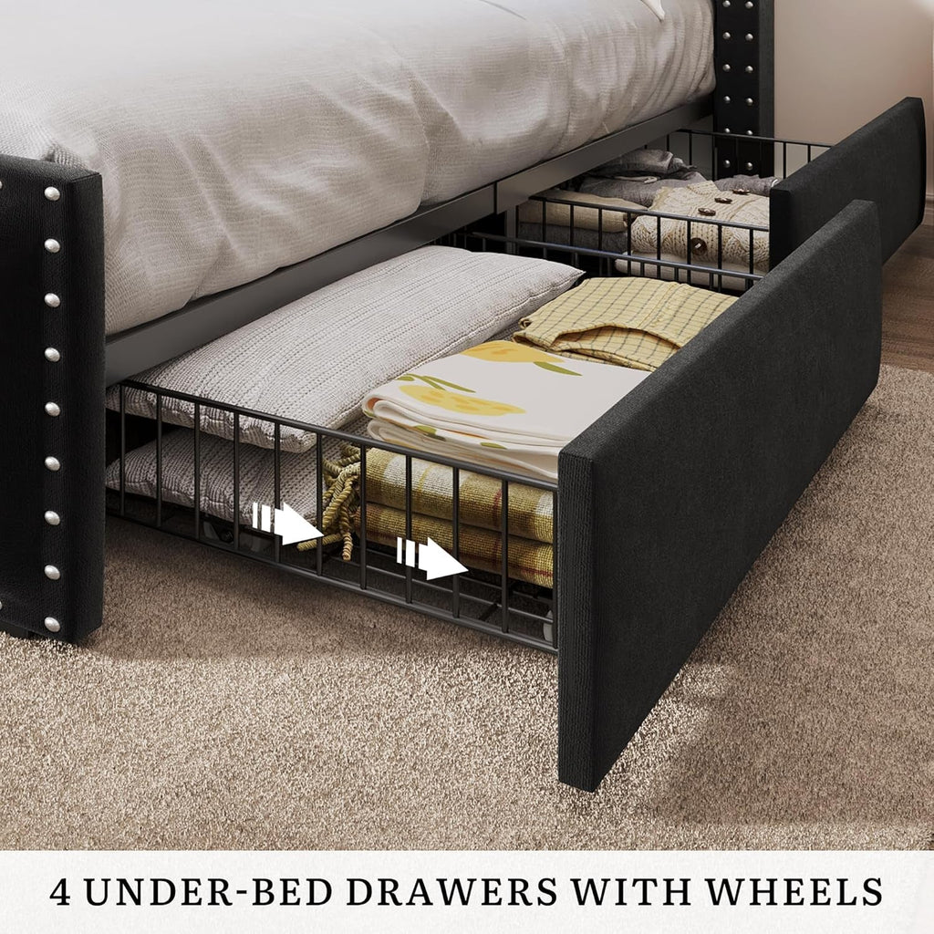 Queen Size Black Velvet Upholstered Platform Frame