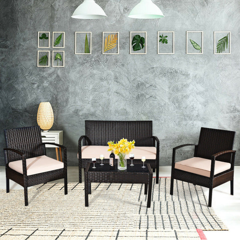 Transform Your Outdoor Space with Our 4-Piece Patio Rattan Conversation Set – Loveseat, Single Sofas, and Glass-Top Coffee Table