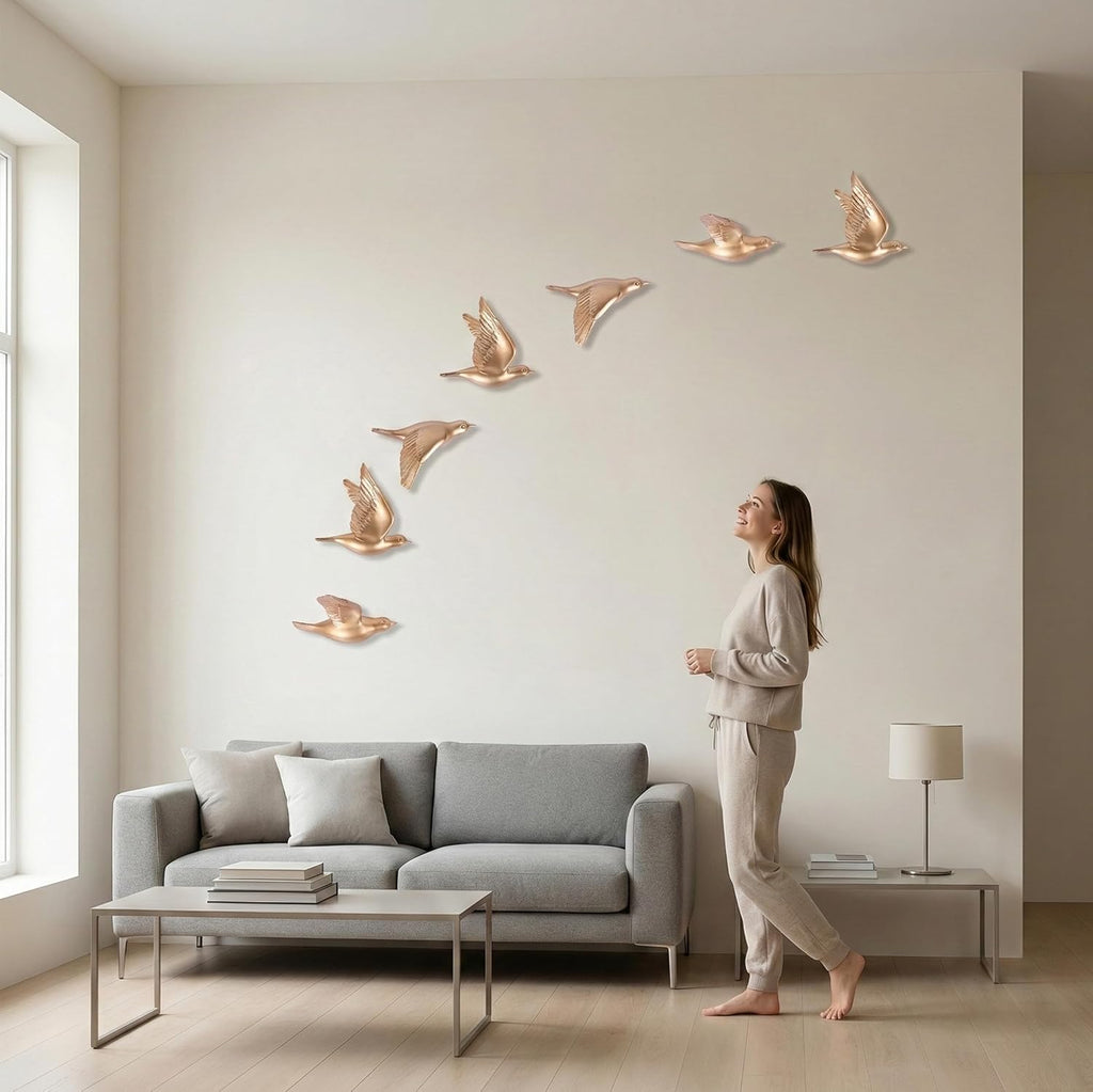 Set of 3 Bird Wall Sculptures - Modern 3D Art Decor for Living Room and Home, Golden Wall Accents and Gallery Art