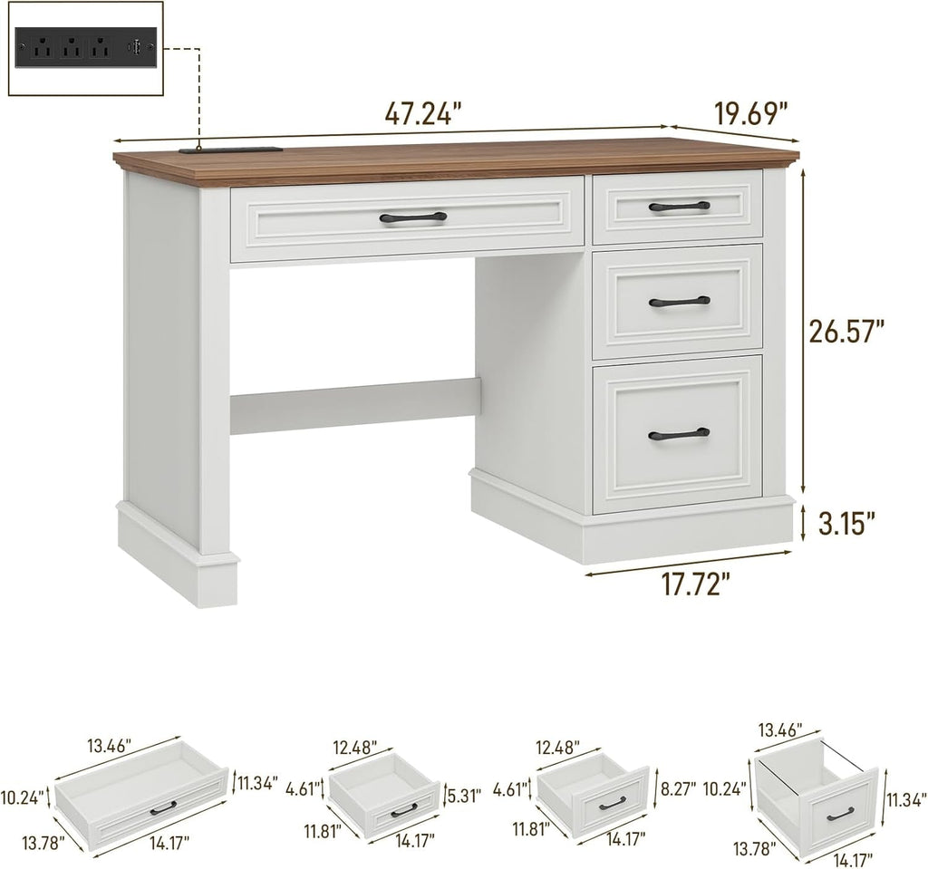 White Forty SevenInch Handcrafted Solid Wood Executive Desk
