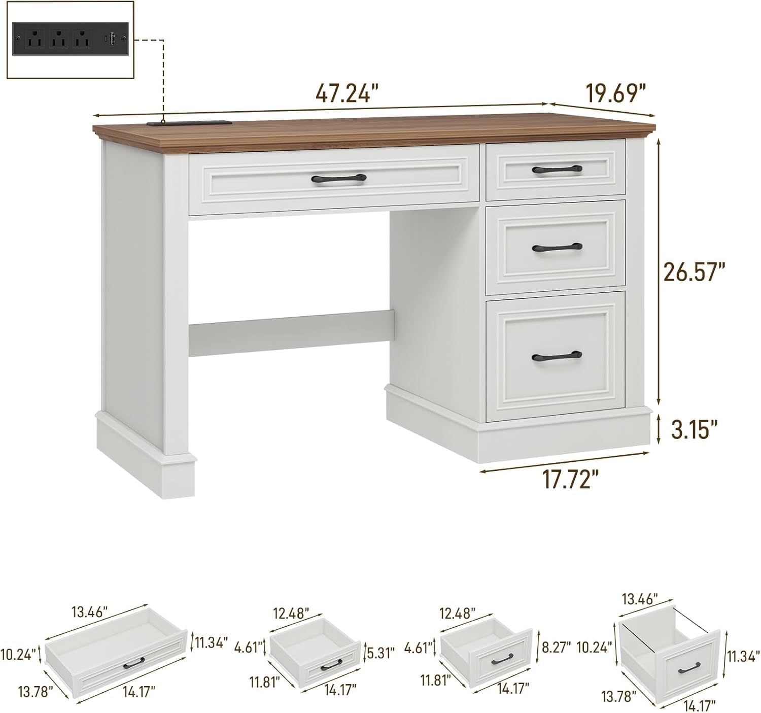White Forty SevenInch Handcrafted Solid Wood Executive Desk