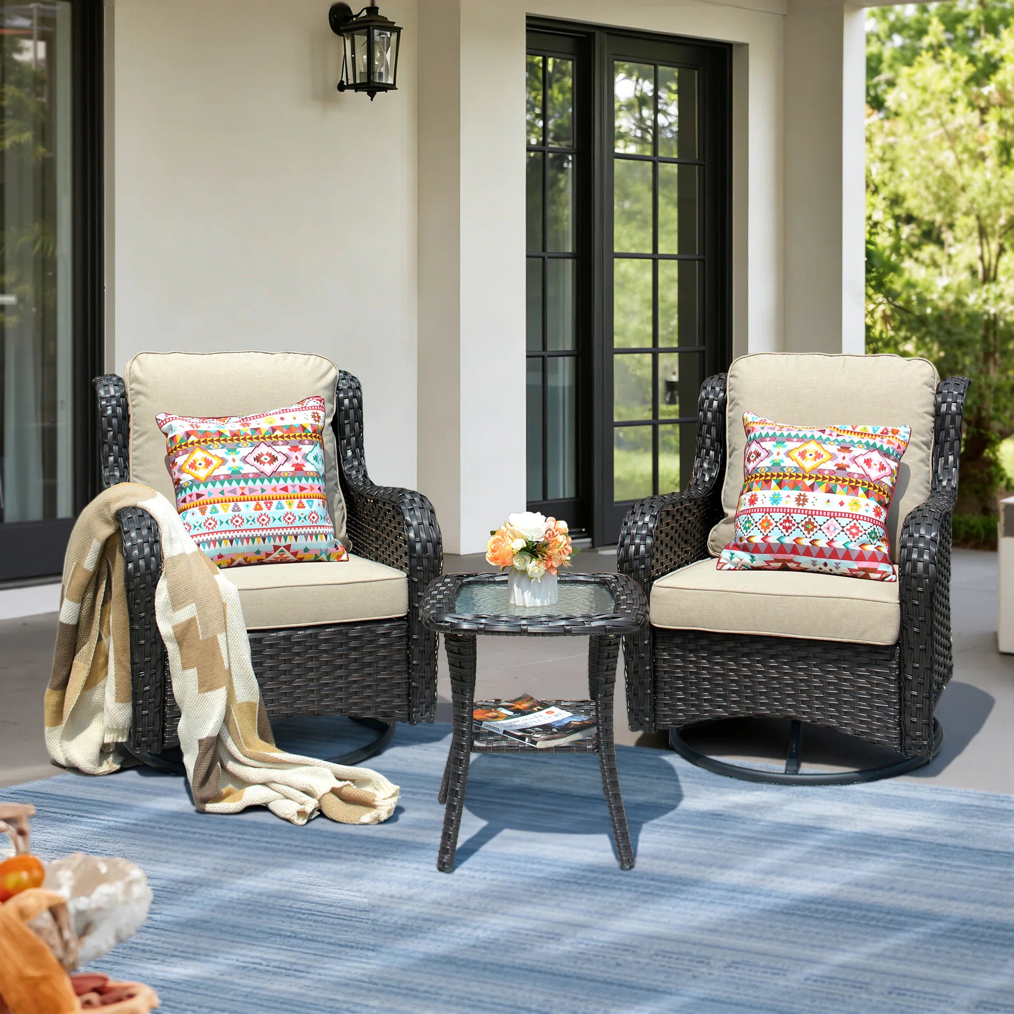 Chic Set of 2 Denim Blue Cushioned Rattan Swivel Rocking Chairs with Gray Wicker Frame - Perfect for Outdoor Relaxation
