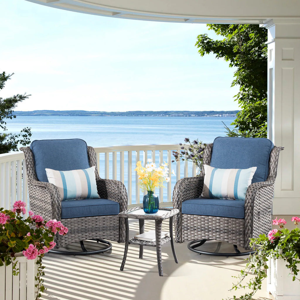 Chic Set of 2 Denim Blue Cushioned Rattan Swivel Rocking Chairs with Gray Wicker Frame - Perfect for Outdoor Relaxation