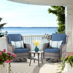 Chic Set of 2 Denim Blue Cushioned Rattan Swivel Rocking Chairs with Gray Wicker Frame - Perfect for Outdoor Relaxation