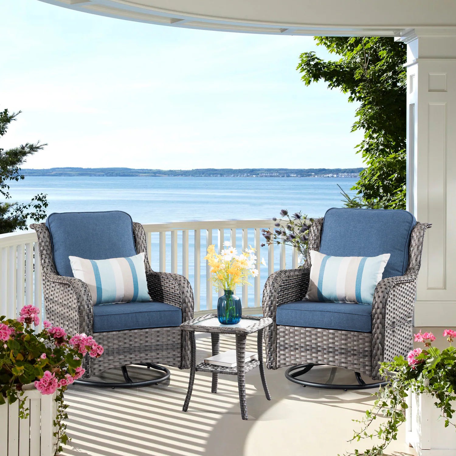 Chic Set of 2 Denim Blue Cushioned Rattan Swivel Rocking Chairs with Gray Wicker Frame - Perfect for Outdoor Relaxation