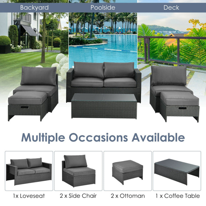 6 Pieces Patio Rattan Furniture Set with Glass Table and Cushioned Seat
