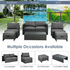 6 Pieces Patio Rattan Furniture Set with Glass Table and Cushioned Seat