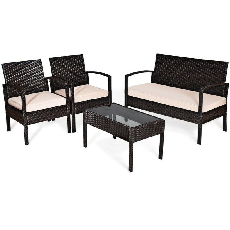 Transform Your Outdoor Space with Our 4-Piece Patio Rattan Conversation Set – Loveseat, Single Sofas, and Glass-Top Coffee Table