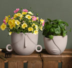 Charming Succulent Face Flower Pots - Set of 2 Stylish Ceramic Planters for Indoor/Outdoor Decor with Drainage in Elegant Brown