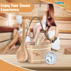 Sauna Accessories Kit - 6-Piece Set with Handmade Wooden Bucket and Ladle, 1 Gallon Capacity, Thermometer, Hygrometer, Hourglass Timer, Sauna Brush, and Pumice Stone for Home Use