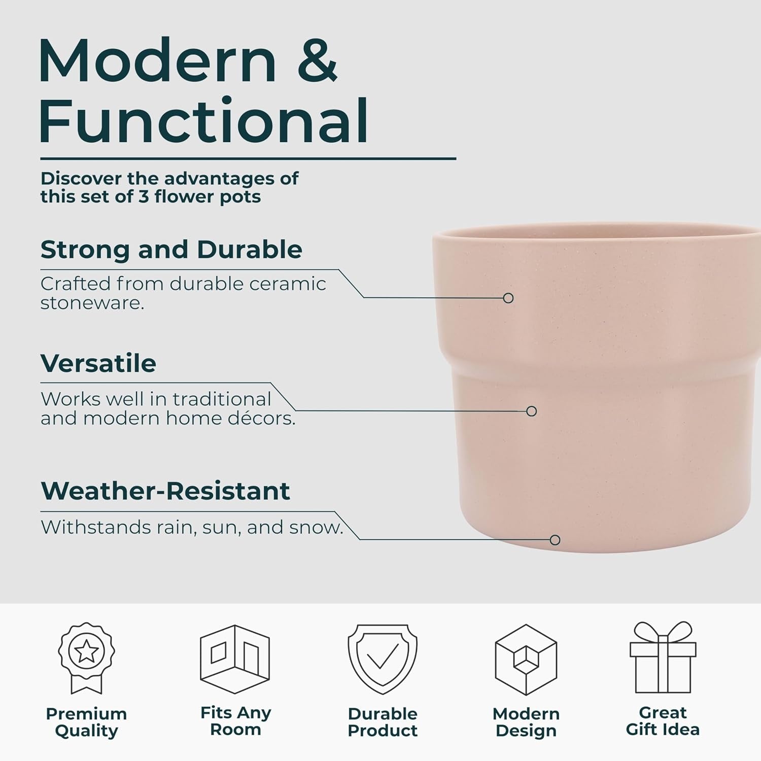 Set of 3 Pink Stoneware Ceramic Planters for Indoor and Outdoor Decor - Modern Design for Home, Patio, or Garden - Sizes: 9", 7", and 6