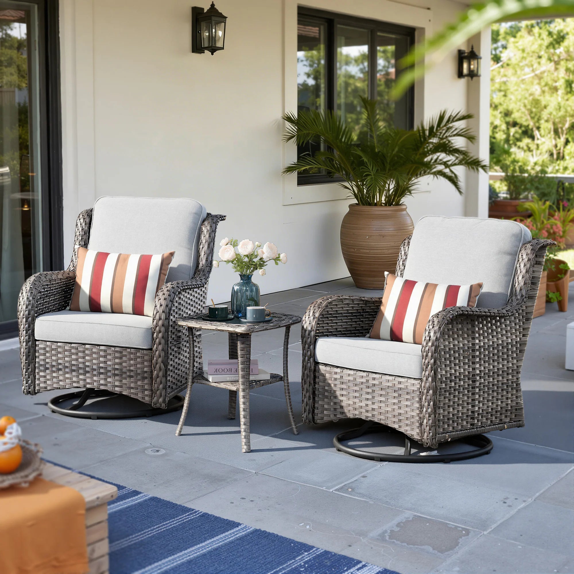 Chic Set of 2 Denim Blue Cushioned Rattan Swivel Rocking Chairs with Gray Wicker Frame - Perfect for Outdoor Relaxation