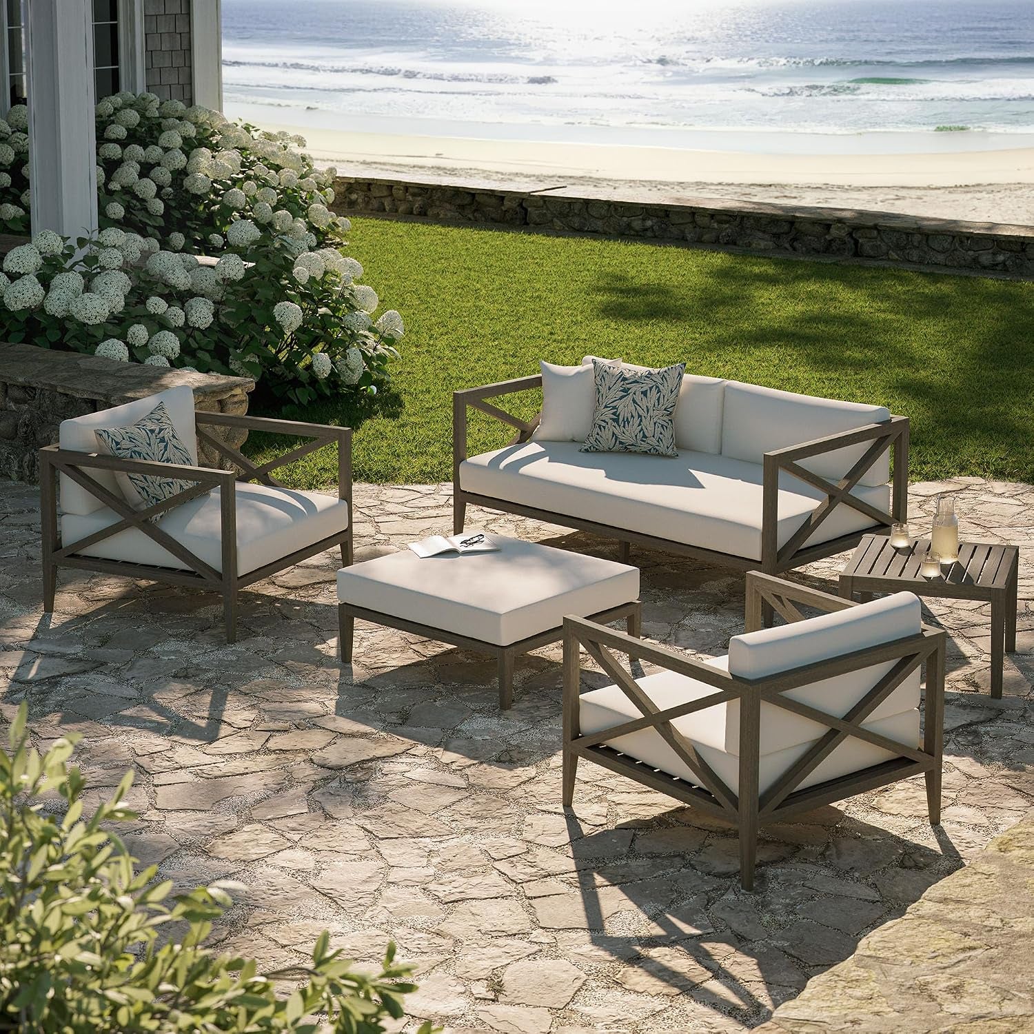Northlake 5-Piece Outdoor Furniture Set in Weathered Gray White - Teak Wood Patio Conversation Set with Loveseat, Two Armchairs, Ottoman, and Side Table