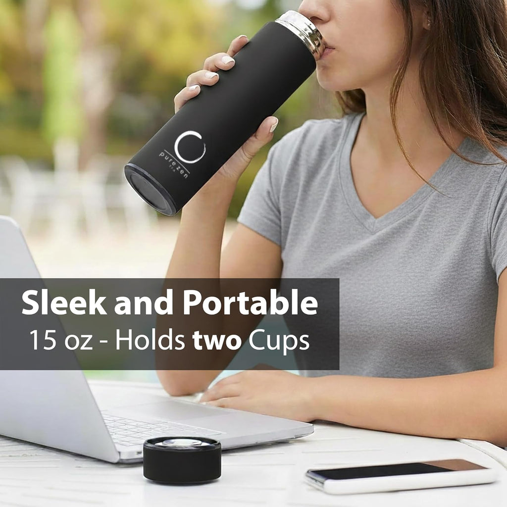 Pure Zen Stainless Steel Tea Thermos with Infuser for Hot and Cold Beverages - 15oz Leakproof Travel Mug for Coffee and Fruit-Infused Water - Black