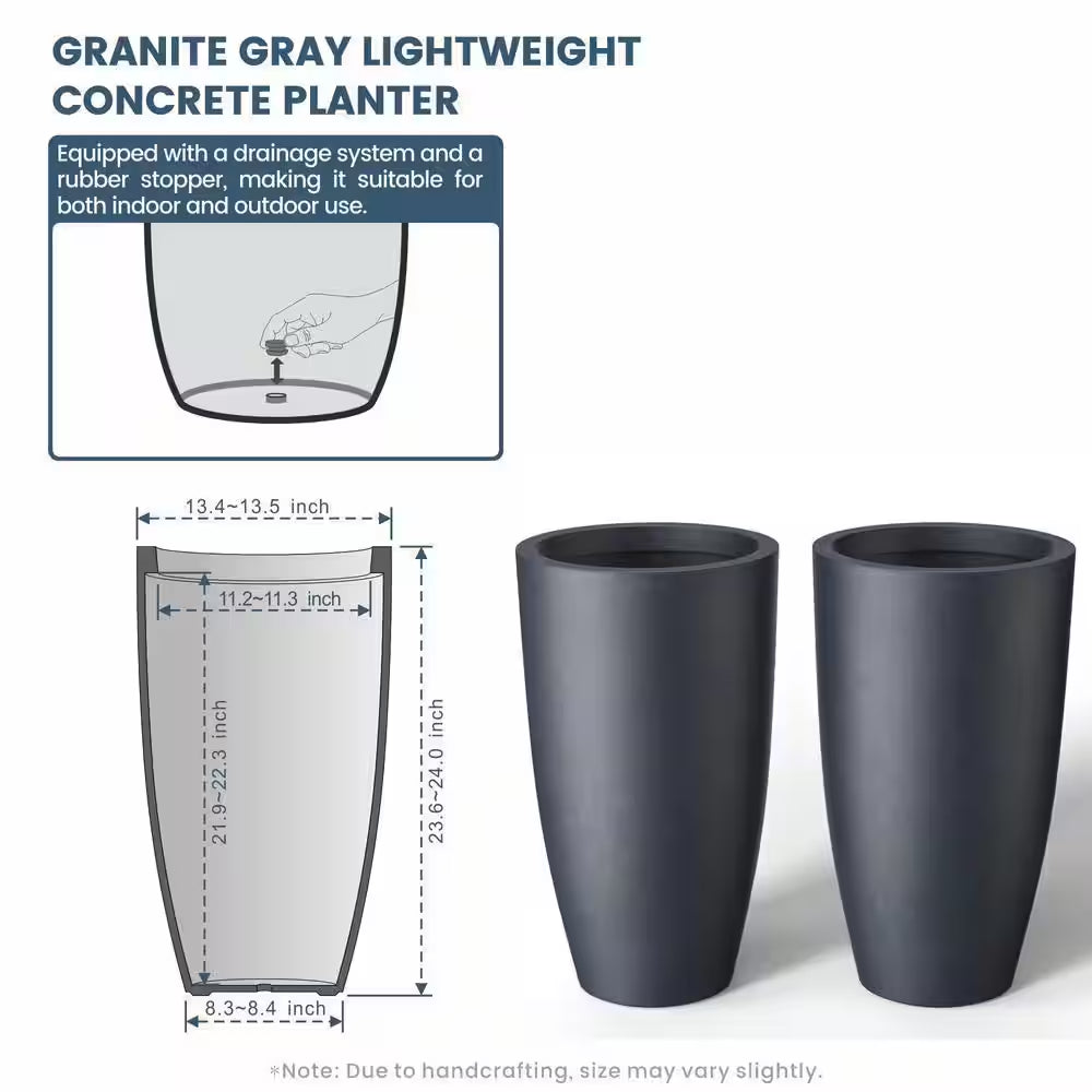 Stylish Medium Gray Concrete Tall Tapered Cylinder Planters with Drainage Holes - Perfect for Indoor & Outdoor Spaces (2-Pack)