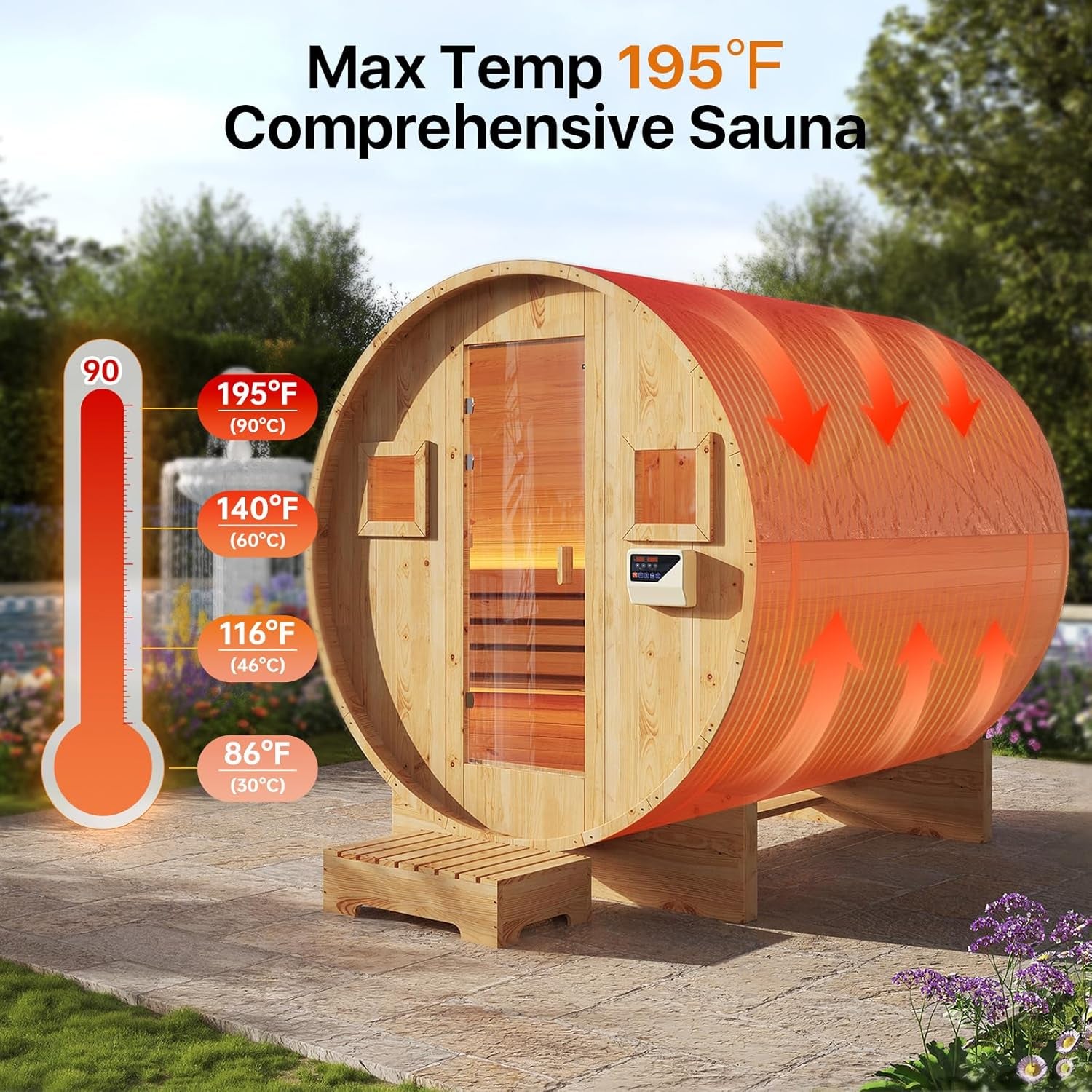 Outdoor Traditional Barrel Sauna for 4-6 Persons with 220V 6KW Electric Heater and Sauna Stones