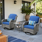 Chic Set of 2 Denim Blue Cushioned Rattan Swivel Rocking Chairs with Gray Wicker Frame - Perfect for Outdoor Relaxation