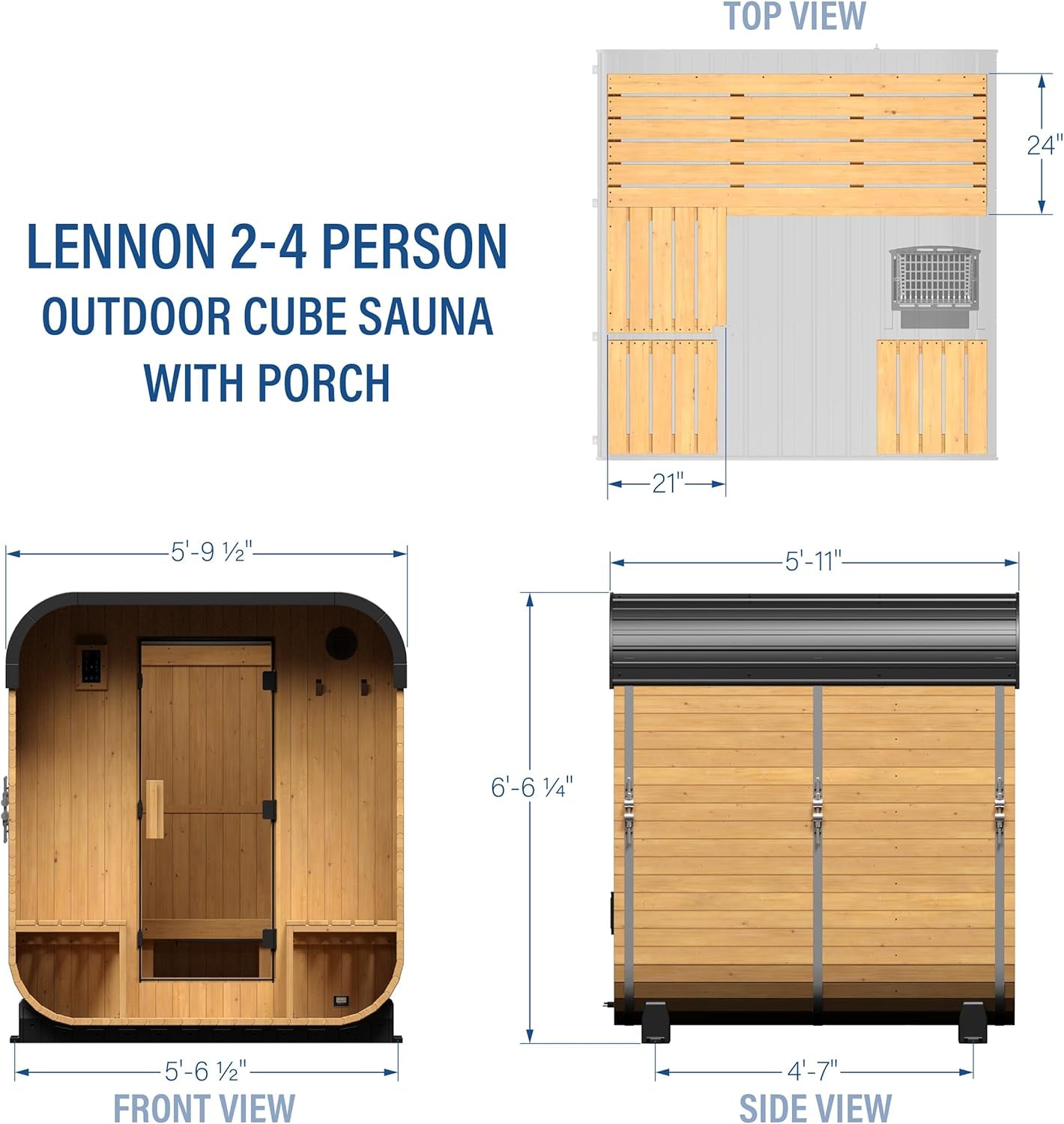 Backyard Discovery Lennon Traditional Cedar Outdoor Cube Sauna for 2-4 Persons with Porch, Electric Heater, Sauna Rocks, Dry Heat and Steam Options, LED Lighting, Wi-Fi Control, and Accessories