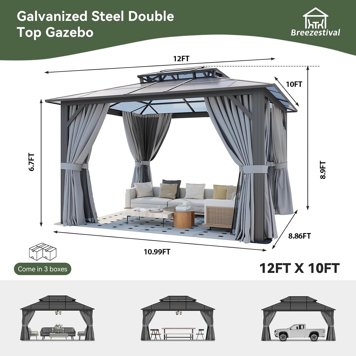 10X12 Ft Aluminum Gazebo Featuring Polycarbonate Roof