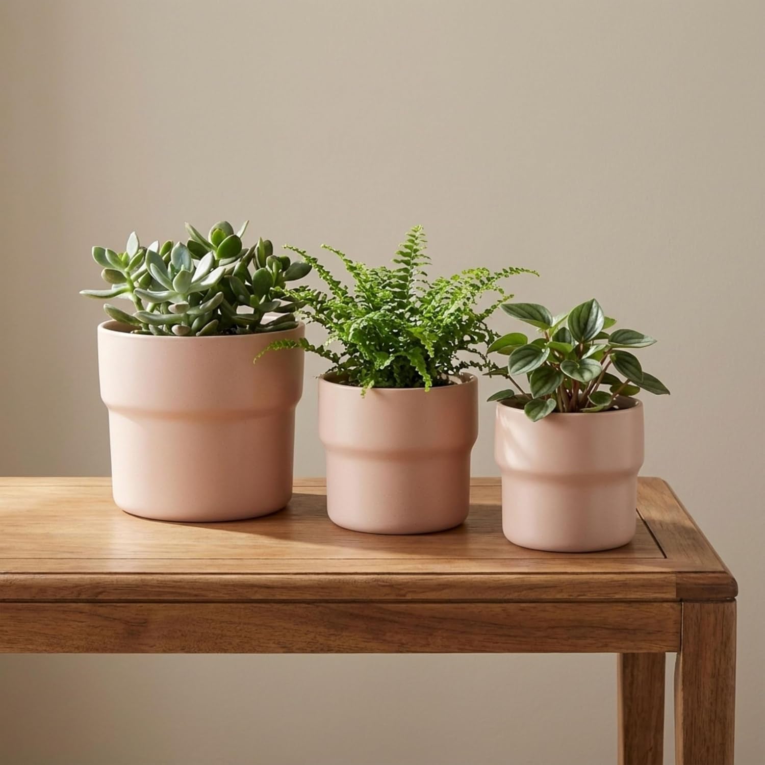 Set of 3 Pink Stoneware Ceramic Planters for Indoor and Outdoor Decor - Modern Design for Home, Patio, or Garden - Sizes: 9", 7", and 6