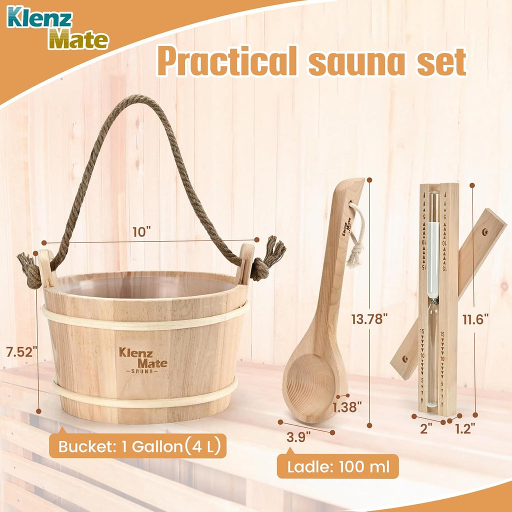 Sauna Accessories Kit - 6-Piece Set with Handmade Wooden Bucket and Ladle, 1 Gallon Capacity, Thermometer, Hygrometer, Hourglass Timer, Sauna Brush, and Pumice Stone for Home Use