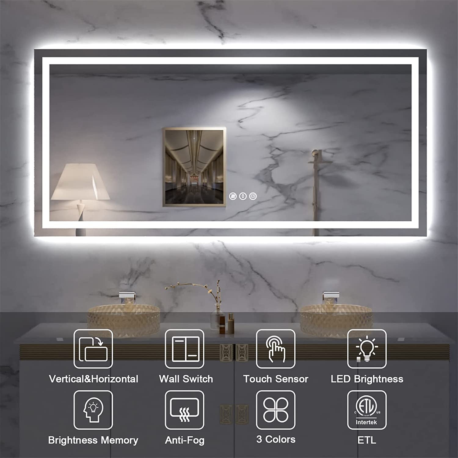 Elegant 60" x 28" Dimmable LED Bathroom Mirror with Front & Back Lighting, Anti-Fog, 3 Color Settings, Shatterproof Design - ETL Listed