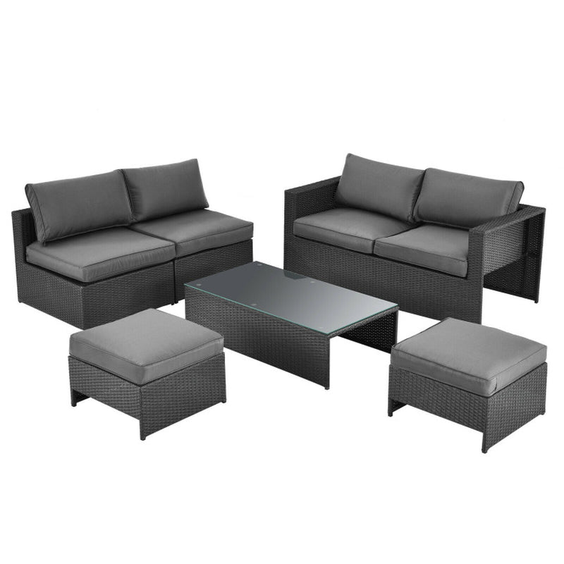 6 Pieces Patio Rattan Furniture Set with Glass Table and Cushioned Seat