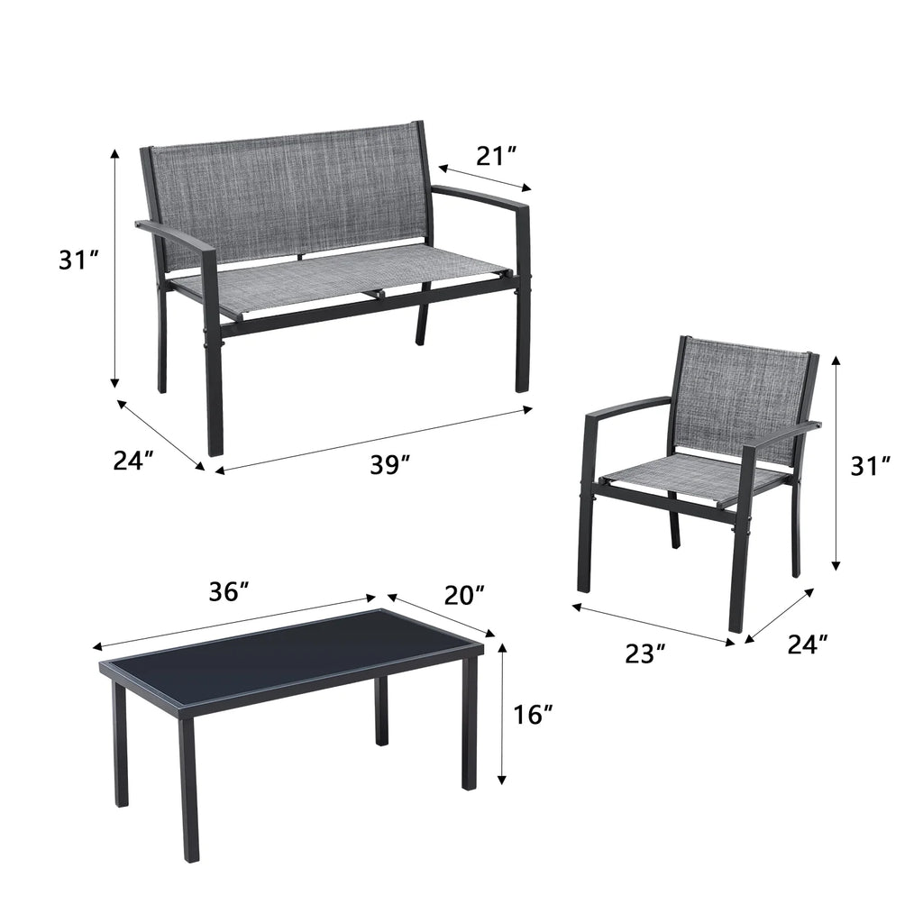 4 Pieces Patio Furniture Outdoor Furniture Outdoor Patio Furniture Set Textilene Bistro Set Modern Conversation Set Black Bistro Set with Loveseat Tea Table, Grey