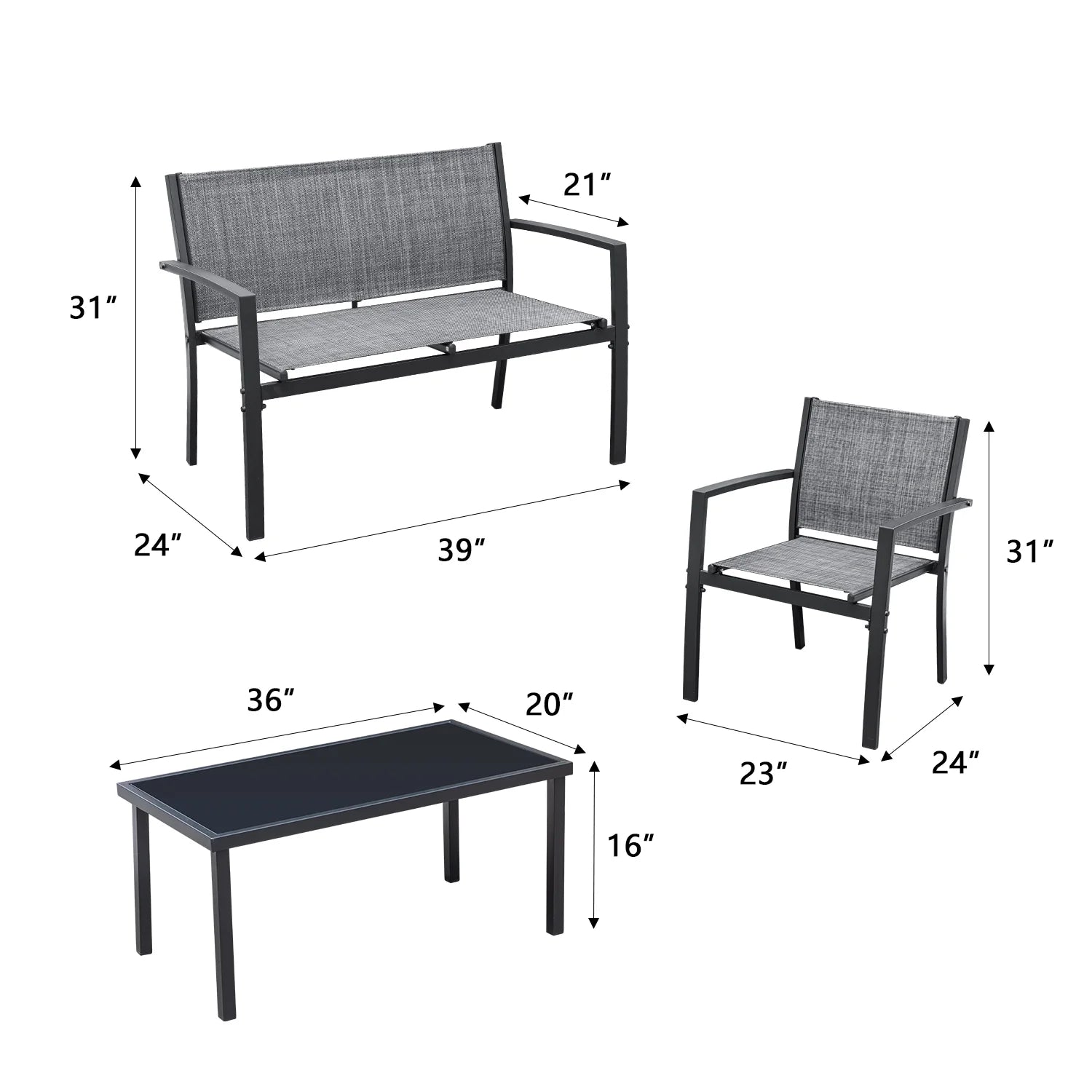 4 Pieces Patio Furniture Outdoor Furniture Outdoor Patio Furniture Set Textilene Bistro Set Modern Conversation Set Black Bistro Set with Loveseat Tea Table, Grey