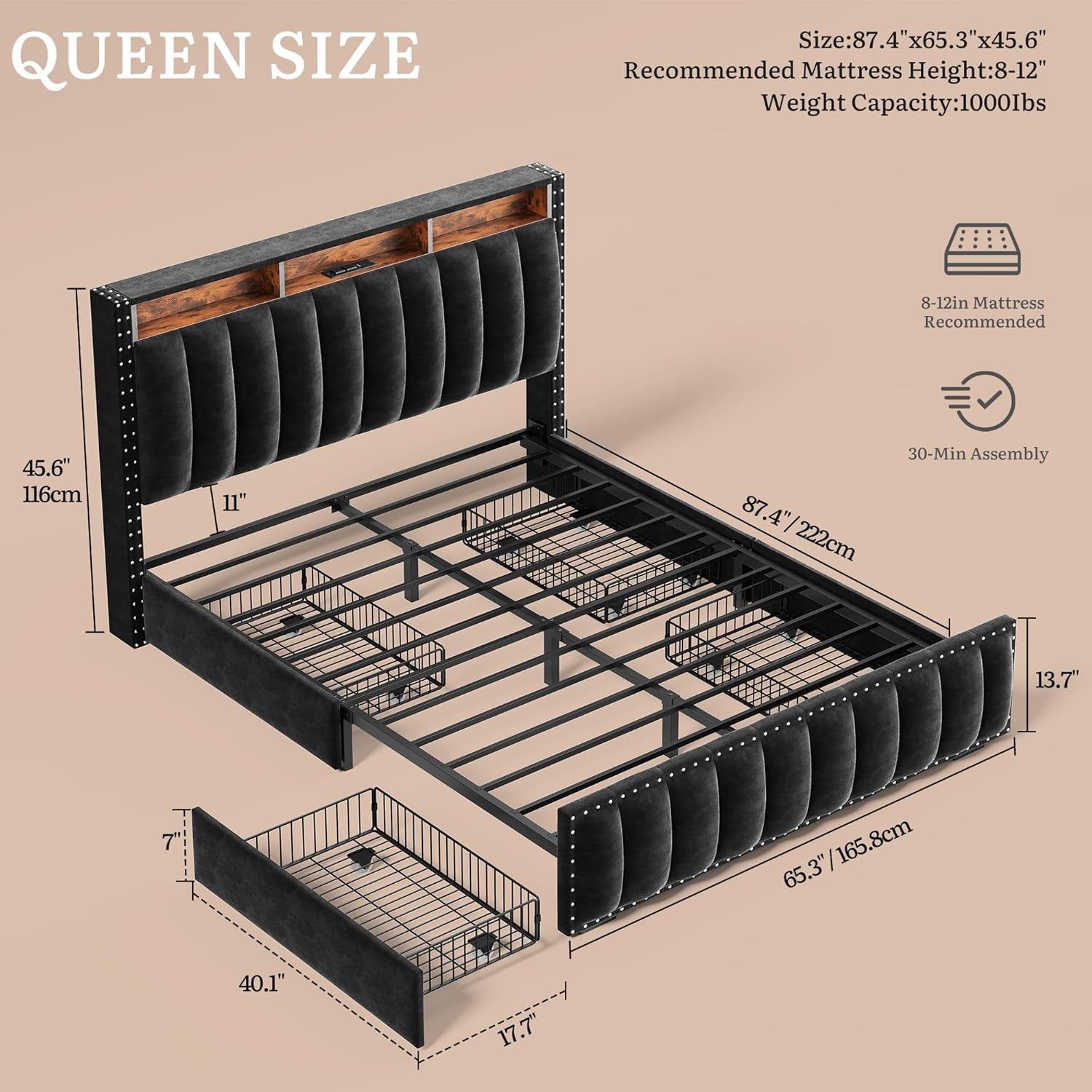 Queen Size Black Velvet Upholstered Platform Frame