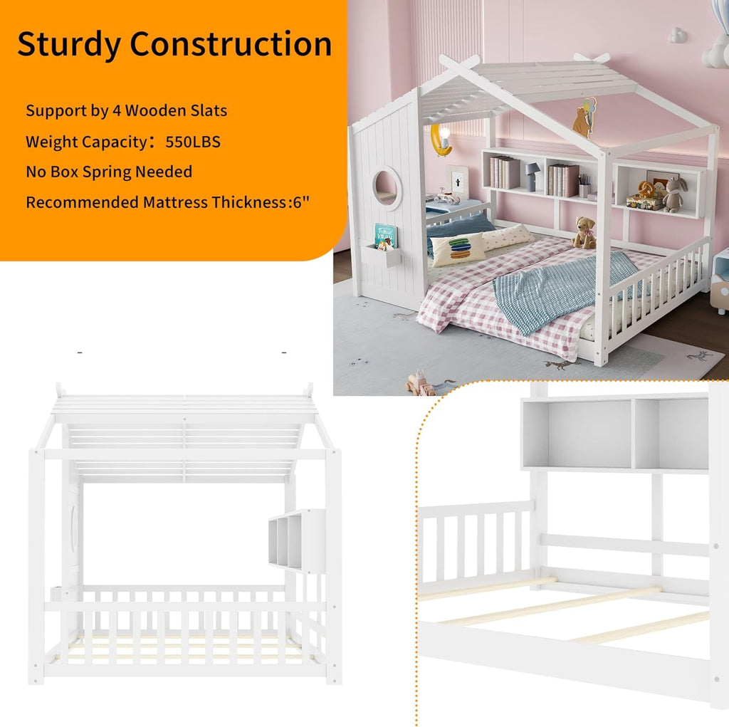 White Full Size Floor Bed Playhouse Storage Shelves