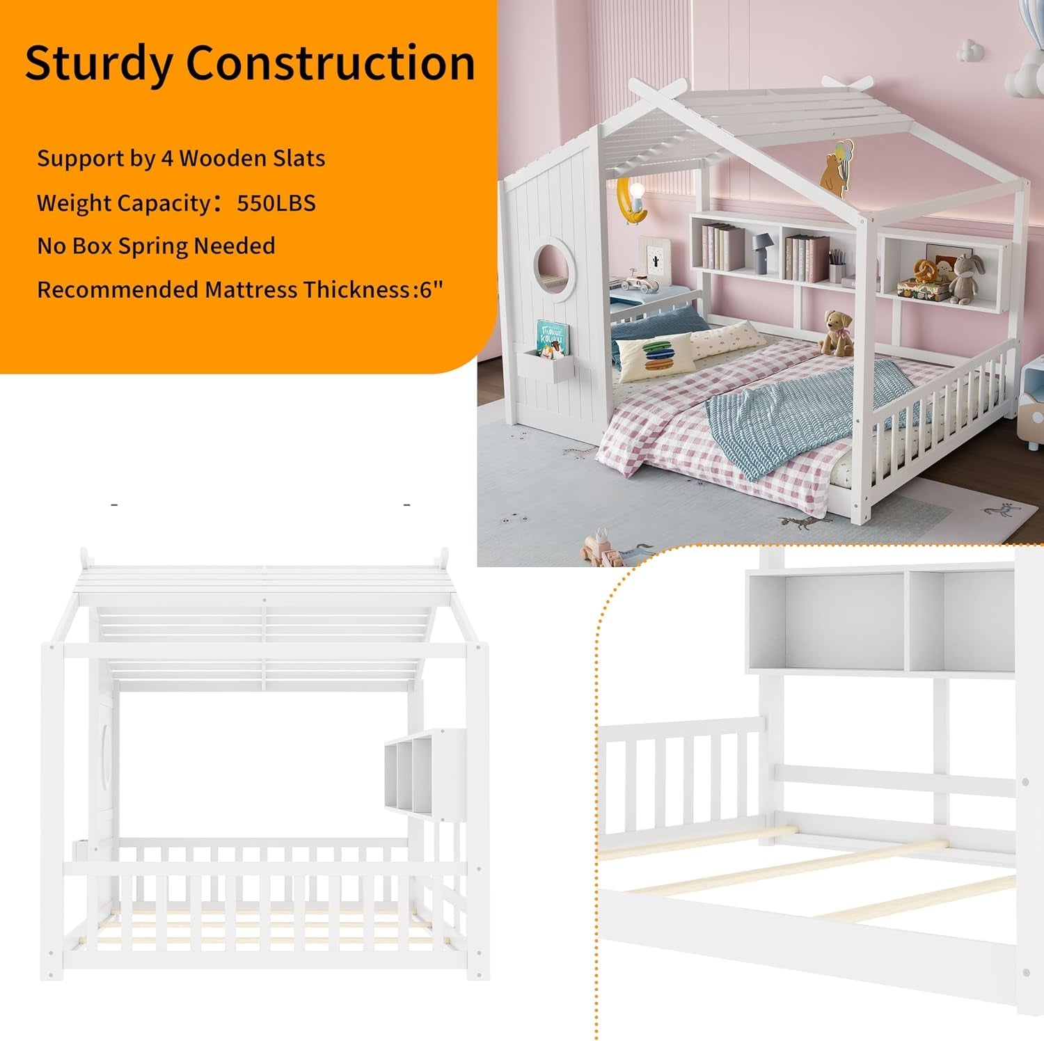 White Full Size Floor Bed Playhouse Storage Shelves