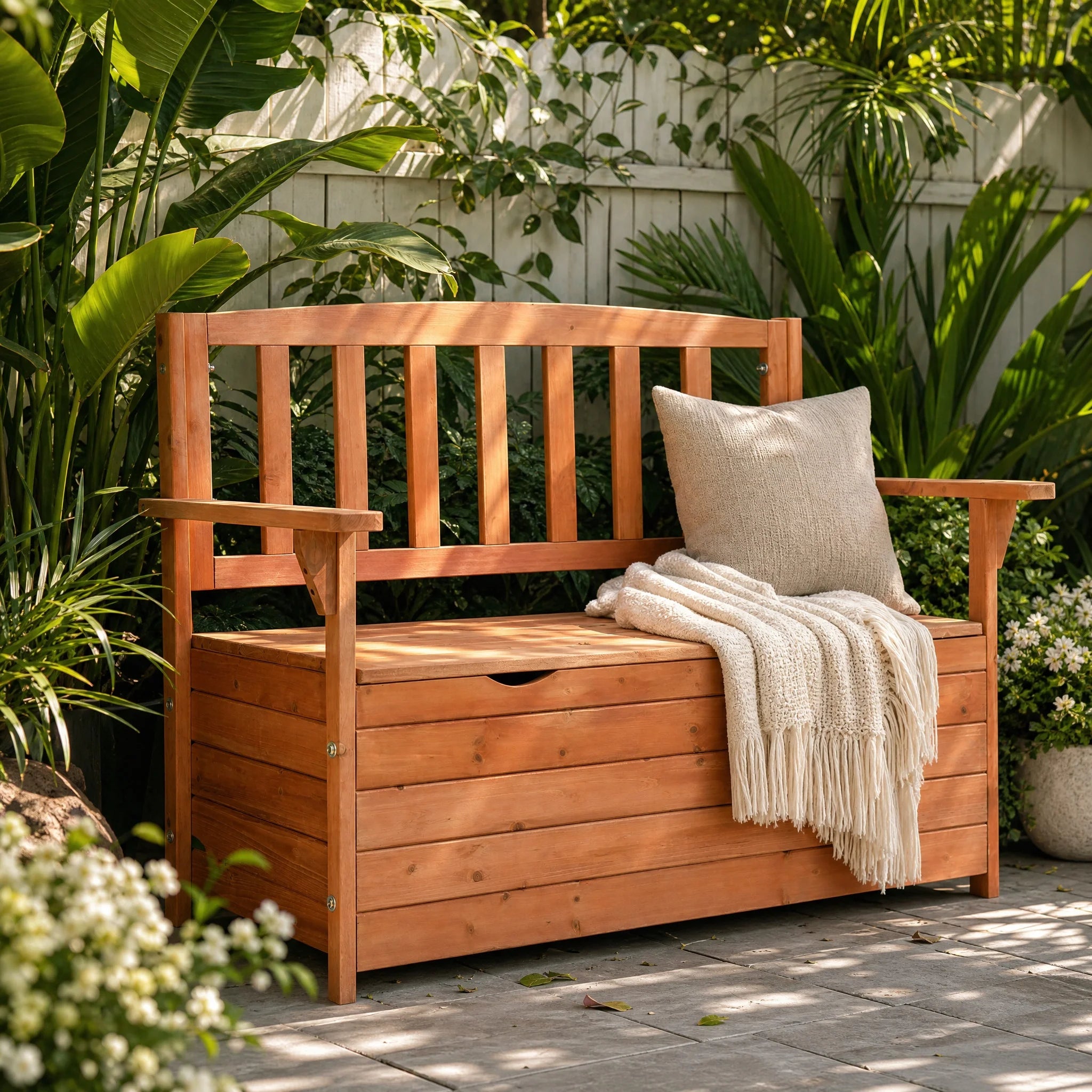 44" Outdoor Cedar Storage Bench with Backrest and Armrest, Large Patio Deck Box for Garden Tools and Cushions