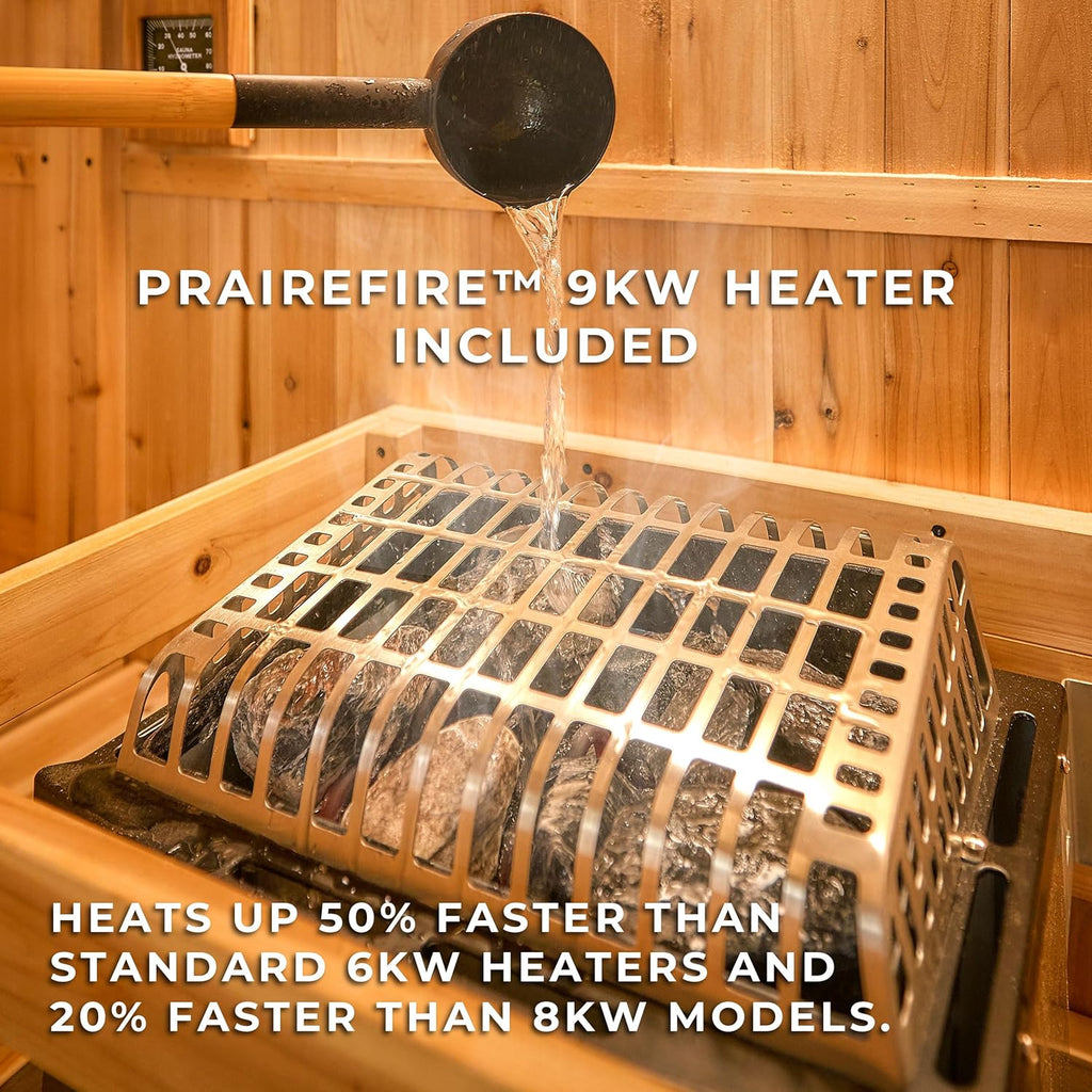 Backyard Discovery Lennon Traditional Cedar Outdoor Cube Sauna for 2-4 Persons with Porch, Electric Heater, Sauna Rocks, Dry Heat and Steam Options, LED Lighting, Wi-Fi Control, and Accessories