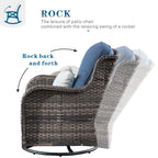 Chic Set of 2 Denim Blue Cushioned Rattan Swivel Rocking Chairs with Gray Wicker Frame - Perfect for Outdoor Relaxation
