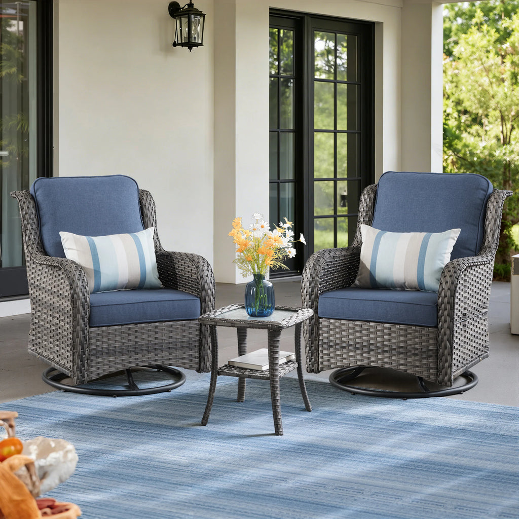 Chic Set of 2 Denim Blue Cushioned Rattan Swivel Rocking Chairs with Gray Wicker Frame - Perfect for Outdoor Relaxation