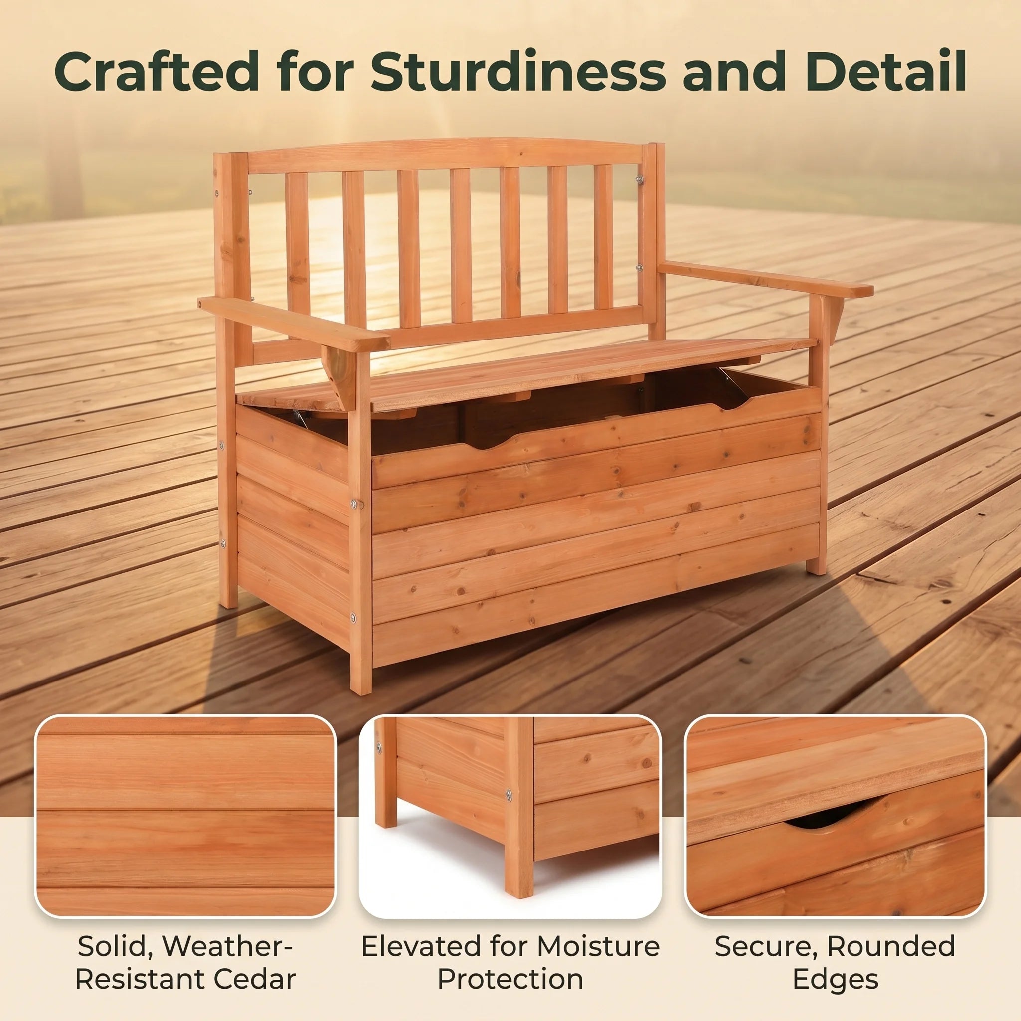44" Outdoor Cedar Storage Bench with Backrest and Armrest, Large Patio Deck Box for Garden Tools and Cushions