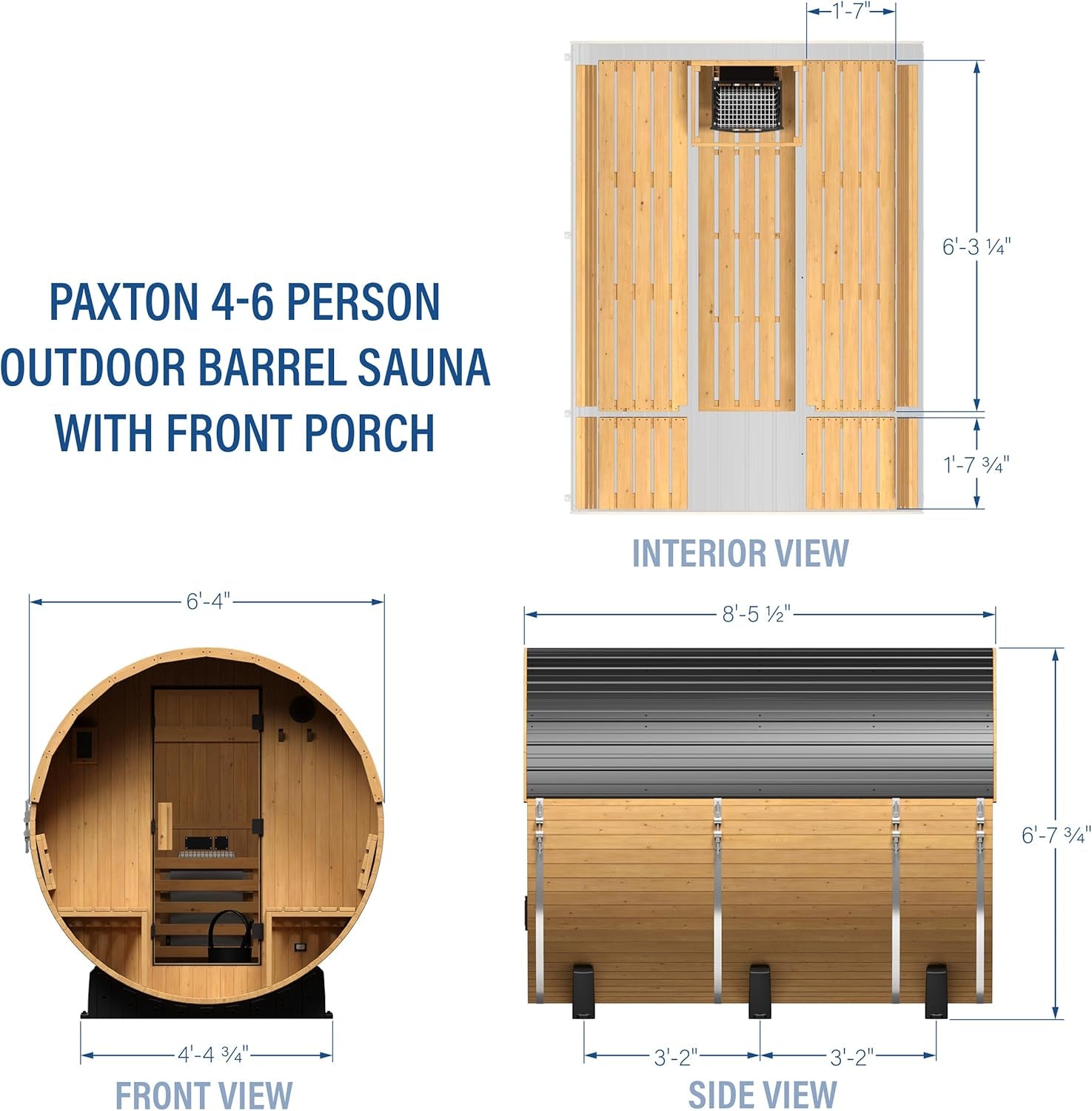 Backyard Discovery Paxton Traditional Cedar Barrel Sauna for 4-6 Persons with Electric Heater, Front Porch, Sauna Rocks, Dry Heat, Steam Options, LED Lighting, Wi-Fi Control, and Accessories