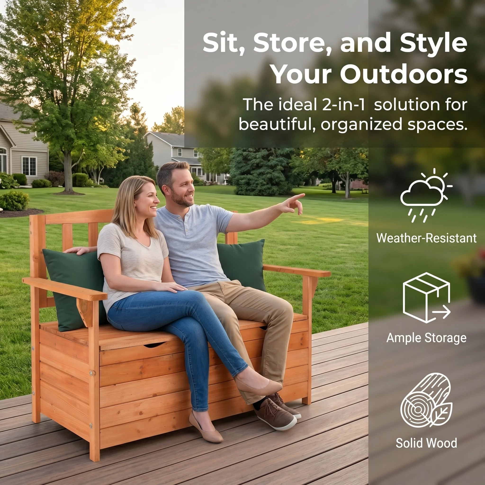 44" Outdoor Cedar Storage Bench with Backrest and Armrest, Large Patio Deck Box for Garden Tools and Cushions