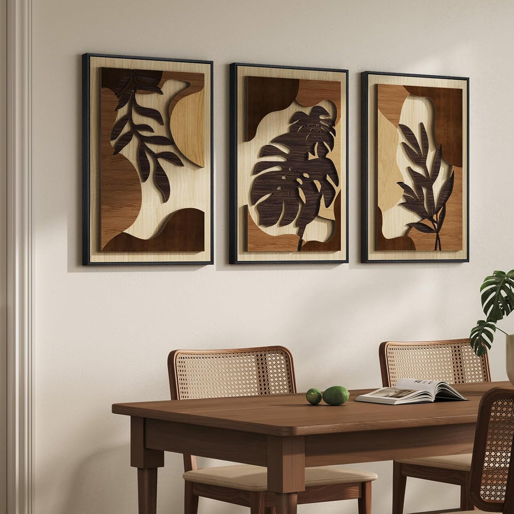 Framed 3D Boho Textured Wood Wall Art Set - Large 3-Piece Carved Tropical Botanical Décor for Living Room, Bedroom, Dining Room, and Home Office - Monstera Leaf Design, 20x30 Inches