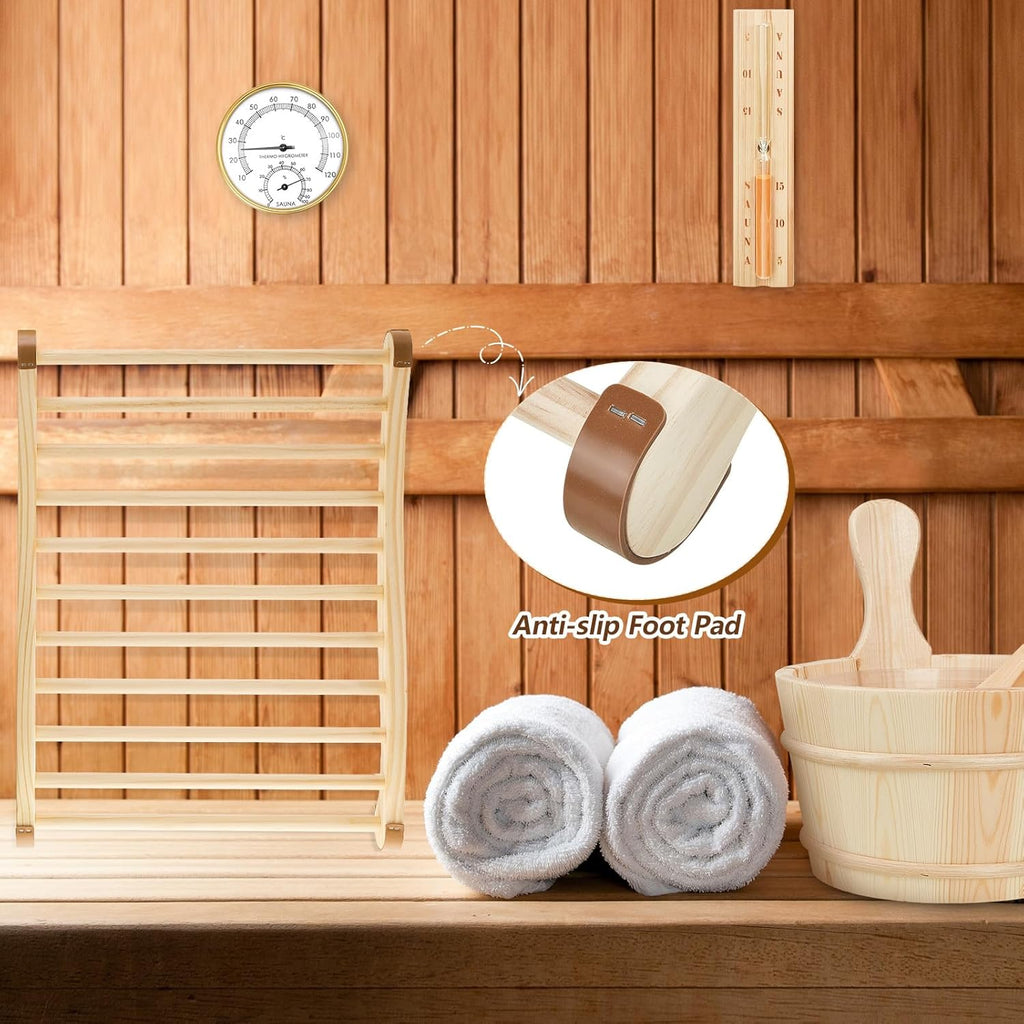 8-Piece Sauna Accessories Set: Wooden Bucket and Ladle, Thermometer and Hygrometer, Hourglass Timer, Two Backrests, Gable Vent, and Aromatherapy Oil Bowl – Ideal Gifts for Sauna Enthusiasts and Home Spa Experience