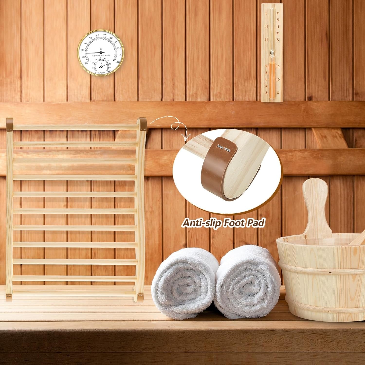 8-Piece Sauna Accessories Set: Wooden Bucket and Ladle, Thermometer and Hygrometer, Hourglass Timer, Two Backrests, Gable Vent, and Aromatherapy Oil Bowl – Ideal Gifts for Sauna Enthusiasts and Home Spa Experience