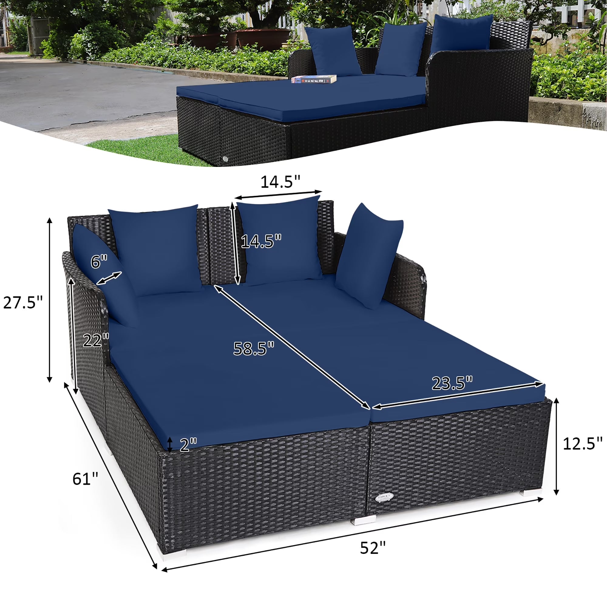 Luxurious Navy Rattan Outdoor Daybed with Cushions - Perfect for Relaxation and Style