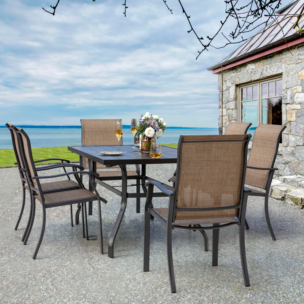 Elegant 7-Piece Black Iron Patio Dining Set with 6 Cozy Brown Chairs - Perfect for Outdoor Entertaining!
