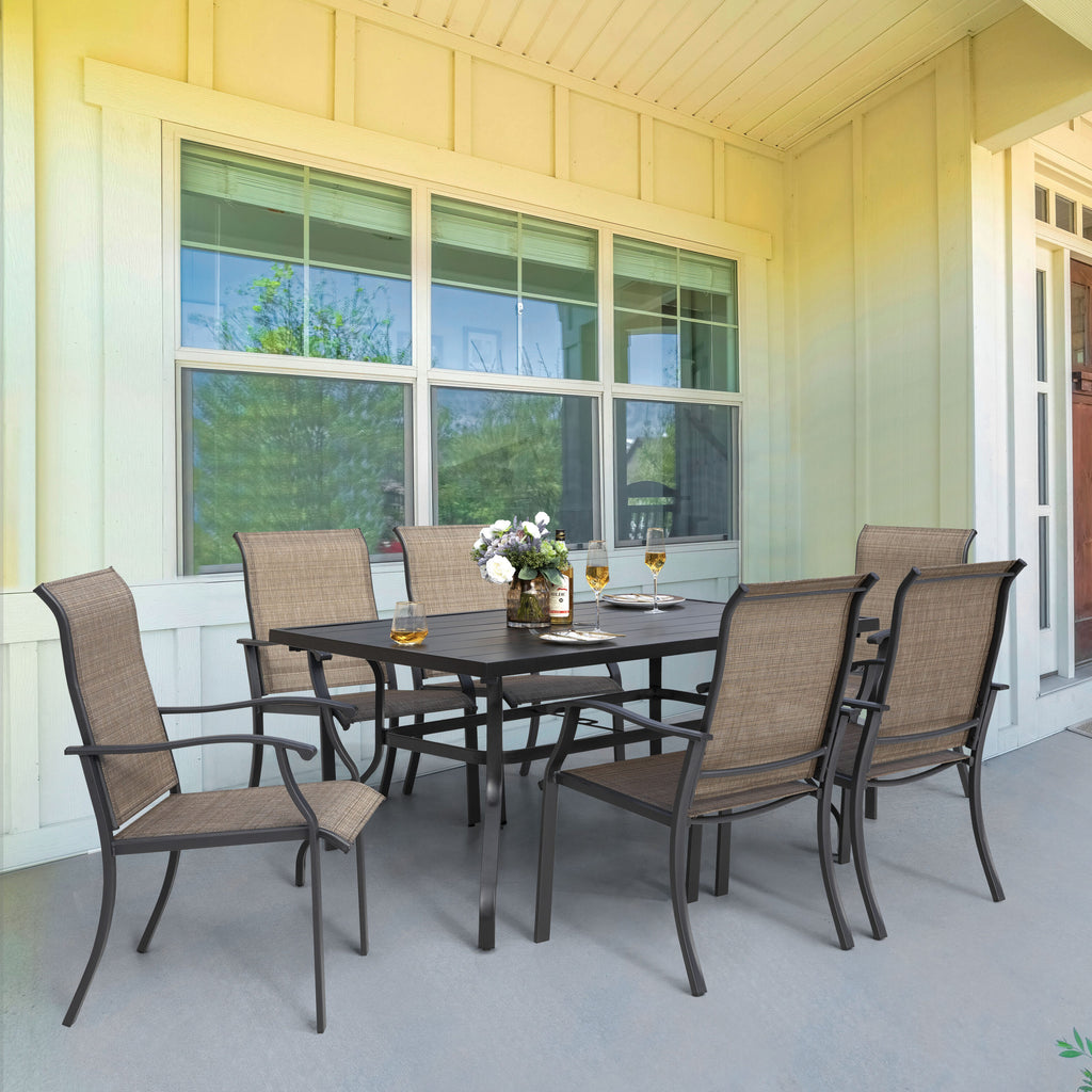 Elegant 7-Piece Black Iron Patio Dining Set with 6 Cozy Brown Chairs - Perfect for Outdoor Entertaining!