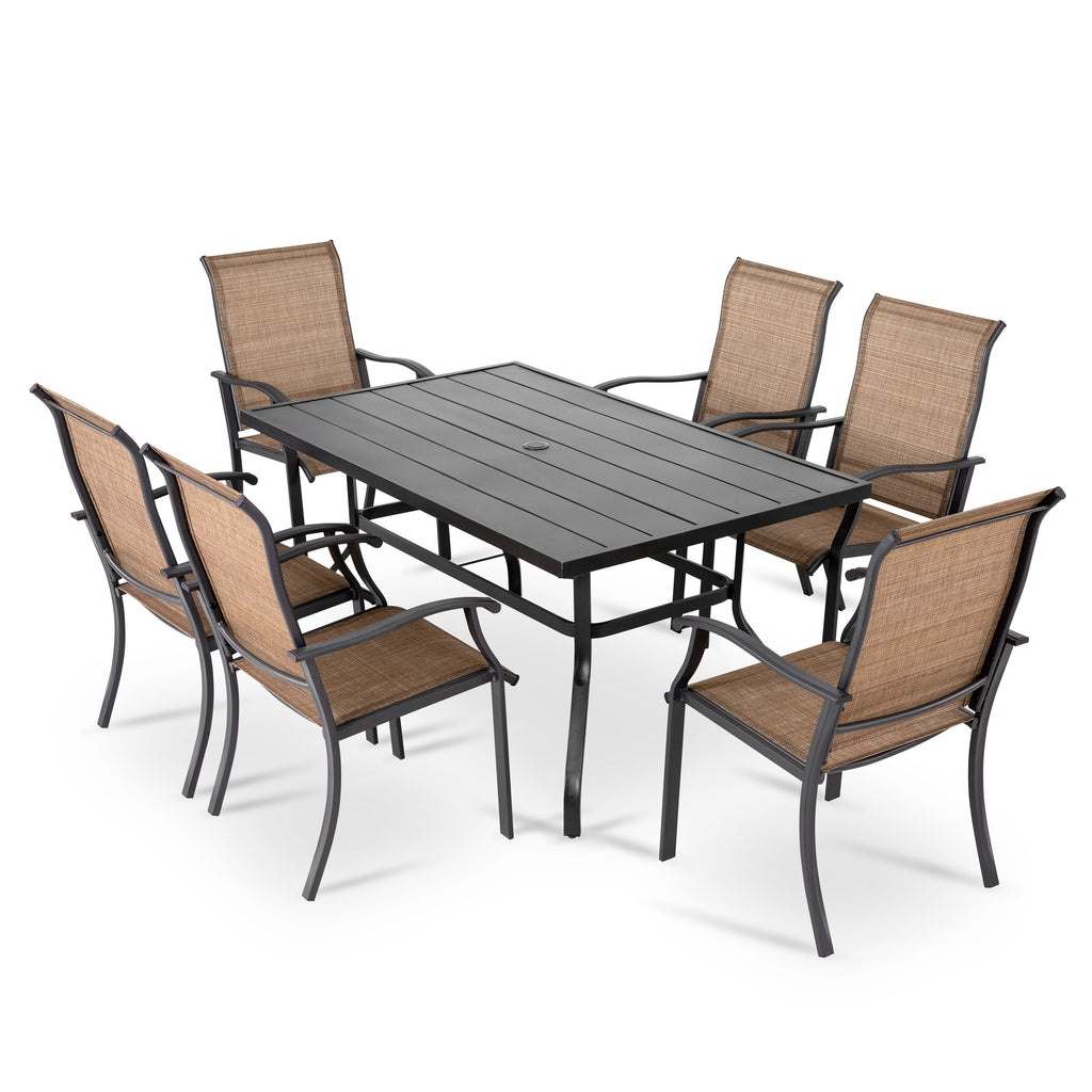 Elegant 7-Piece Black Iron Patio Dining Set with 6 Cozy Brown Chairs - Perfect for Outdoor Entertaining!