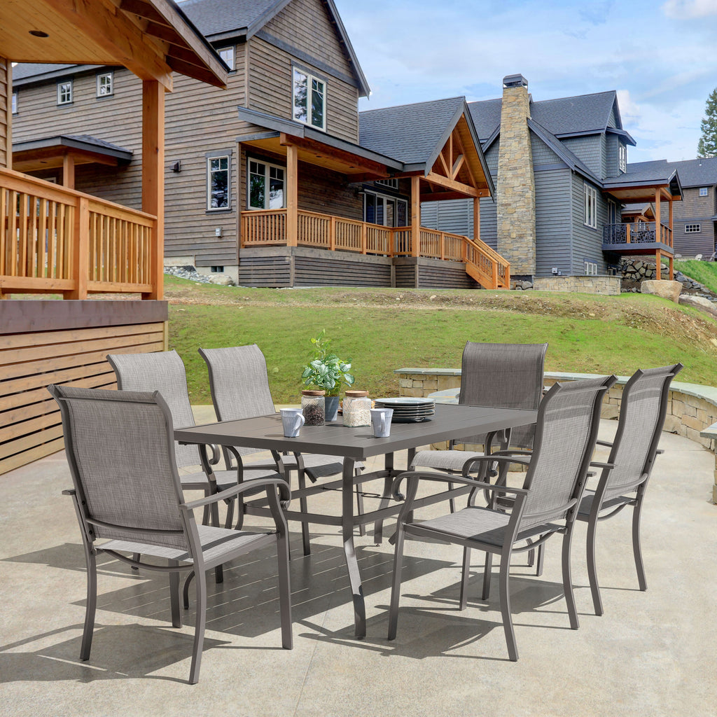 Elegant 7-Piece Black Iron Patio Dining Set with 6 Cozy Brown Chairs - Perfect for Outdoor Entertaining!