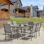 Elegant 7-Piece Black Iron Patio Dining Set with 6 Cozy Brown Chairs - Perfect for Outdoor Entertaining!